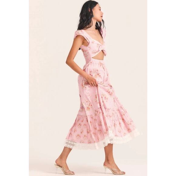 LOVESHACKFANCY Emeka Cotton Maxi Tie Front Gingham Floral Dress Revolve M $495 - Picture 1 of 14